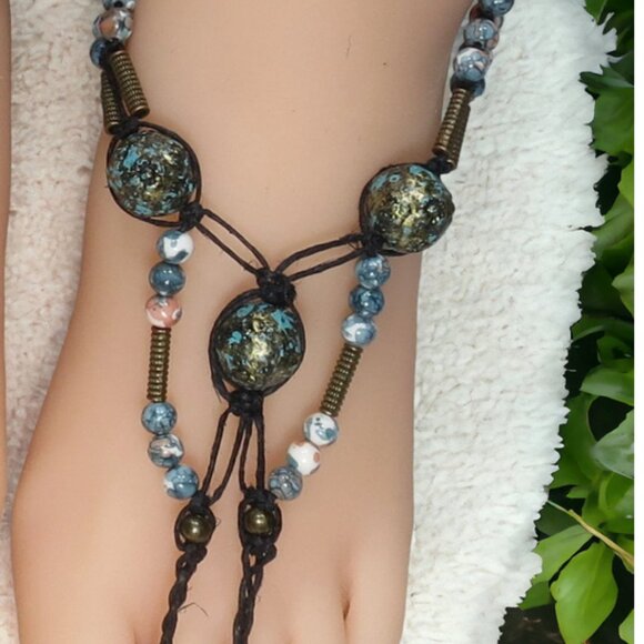 NEW Blue & Black Gemstone Barefoot Sandals. Foot jewelry. - Picture 3 of 5